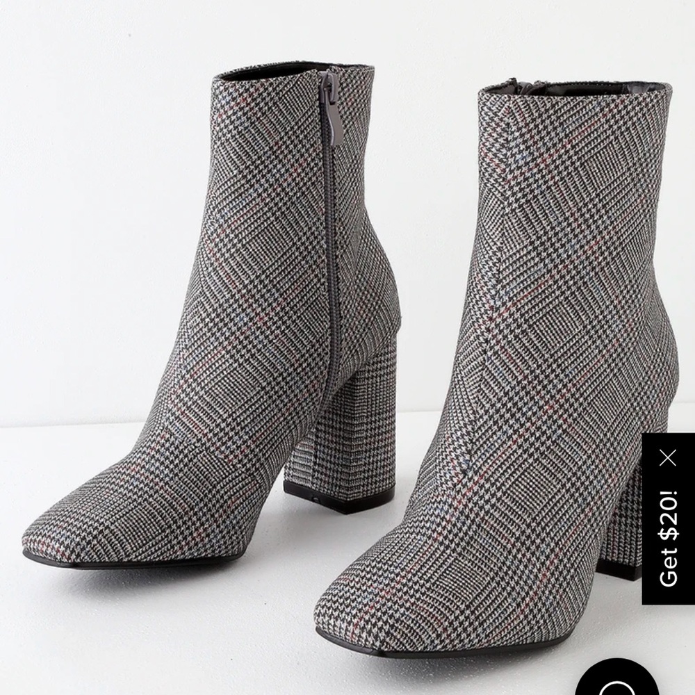 Plaid Block Heel Ankle Boots - Gray